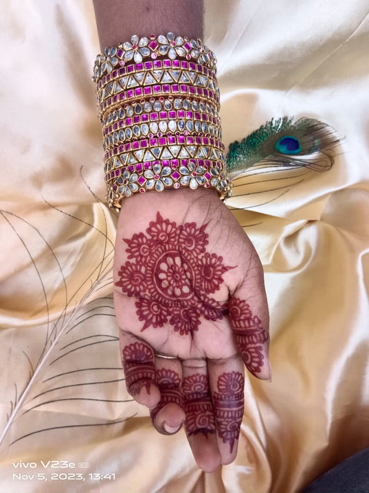 wedding kundan bangles new flower kada designs set - Dark pink and white stone