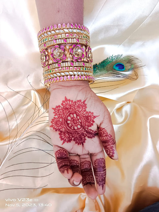 wedding kundan bangles new flower kada designs set -Pink & gold