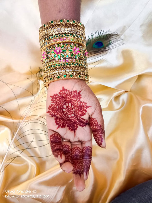 wedding kundan bangles new flower kada designs set -green & pink