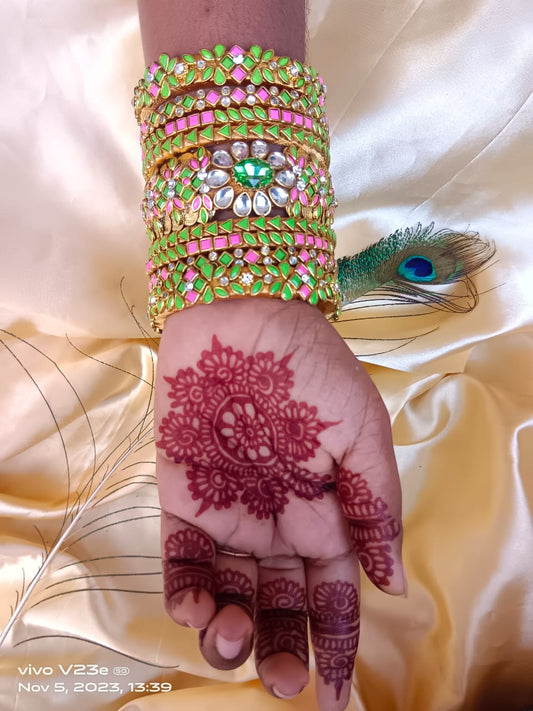 wedding kundan bangles new flower kada designs set -green & pink