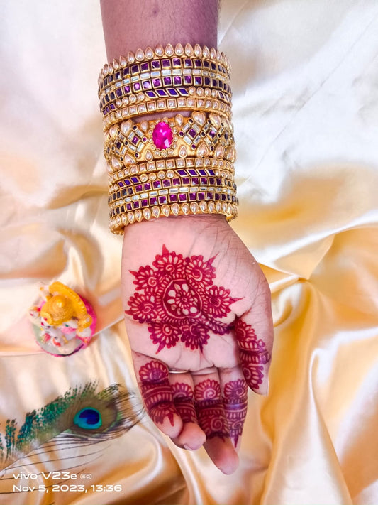 wedding kundan bangles new flower kada designs set -purple with gold