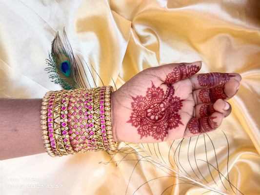 wedding kundan bangles new flower kada designs set -Pink & gold