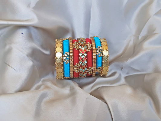 Gold tone silk thread kundan lakshmi coin bangles- Light Blue and Red combination