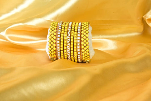 Kundan Worked Silkthread Bangles- yellow and White combination