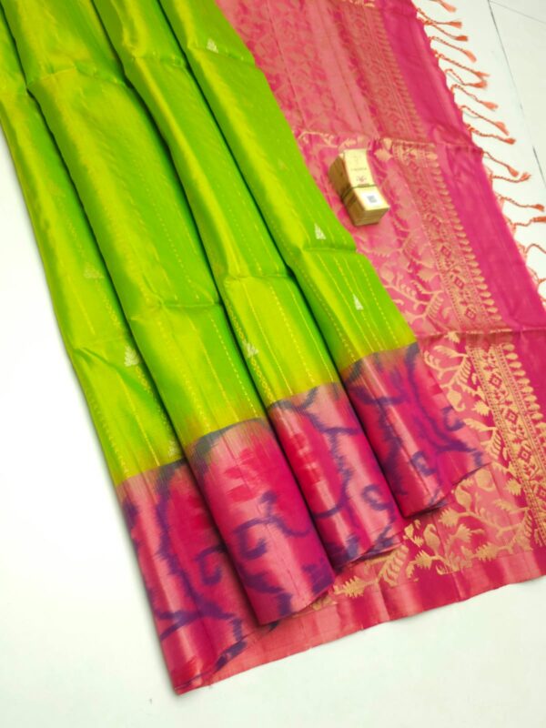 Ikkat Border soft silk sarees - green with pink