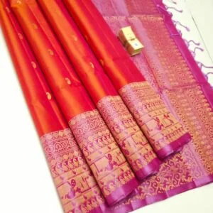 Soft Silk Saree with turning Border - Orange with pink