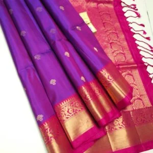 kanji Jaquard border Sarees -Dark Purple with Pink