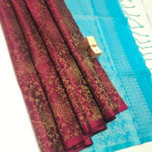 kanji Jaquard Sarees - pinkish red with blue